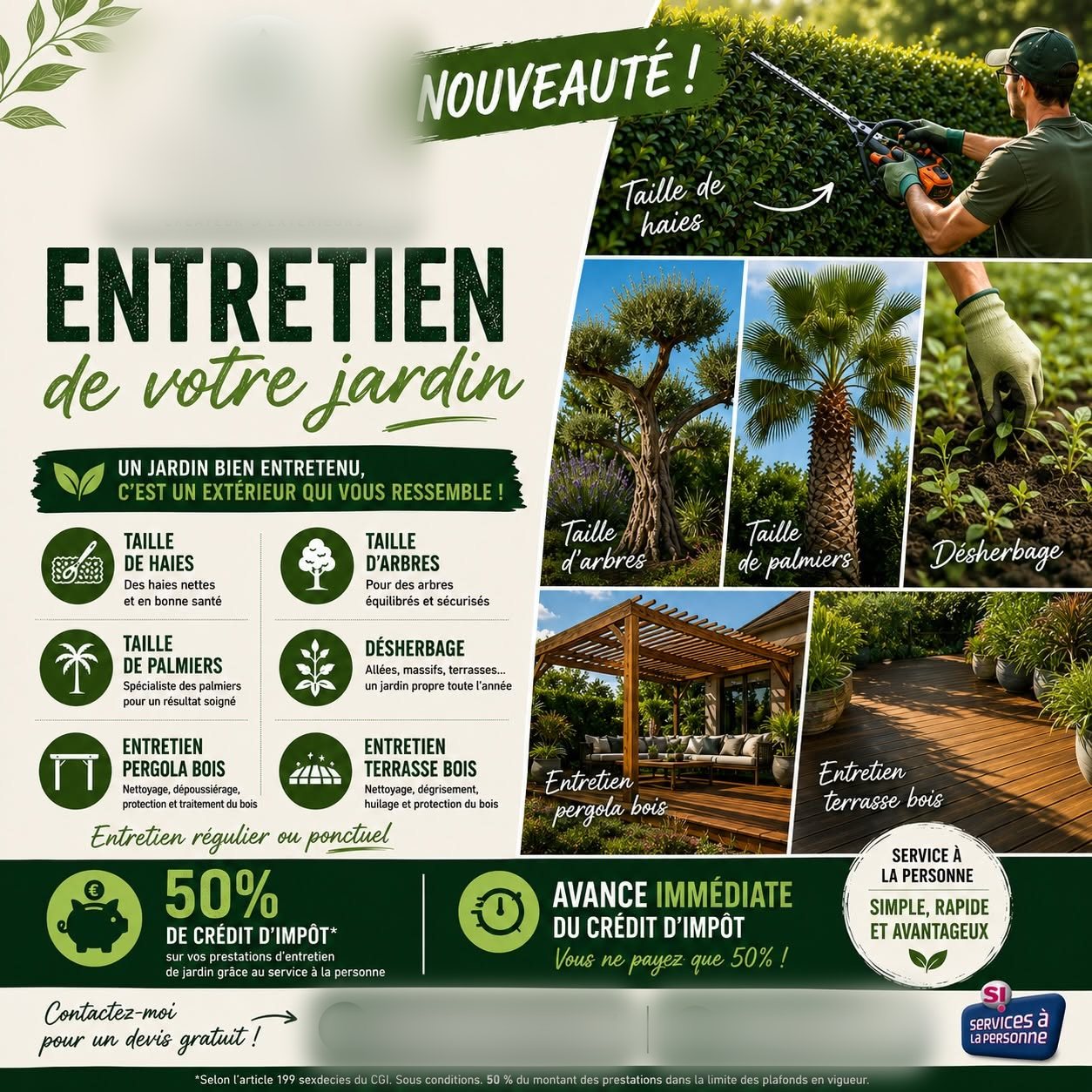 Flyer de paysagiste chargé : six prestations, crédit d’impôt, photos et coordonnées sur une seule image