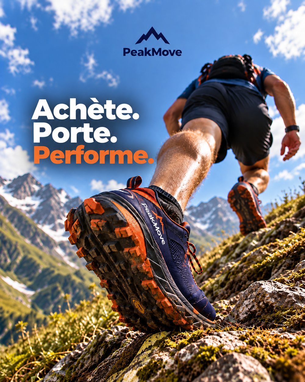 Visuel PeakMove généré par IA : chaussure de trail en montée et texte Achète. Porte. Performe.