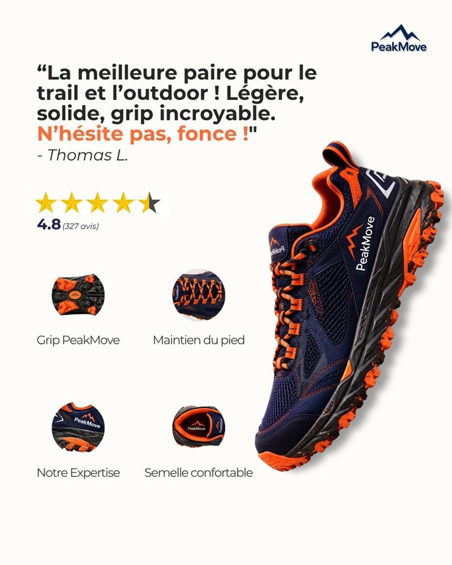 Visuel publicitaire PeakMove réalisé sur Canva : avis client 4,8 étoiles et chaussure de trail