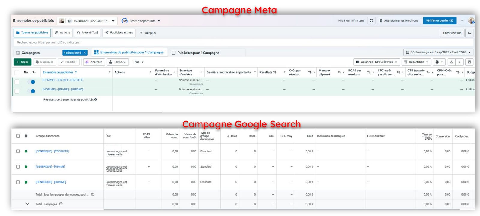 Vue des campagnes Meta et Google Search en brouillon