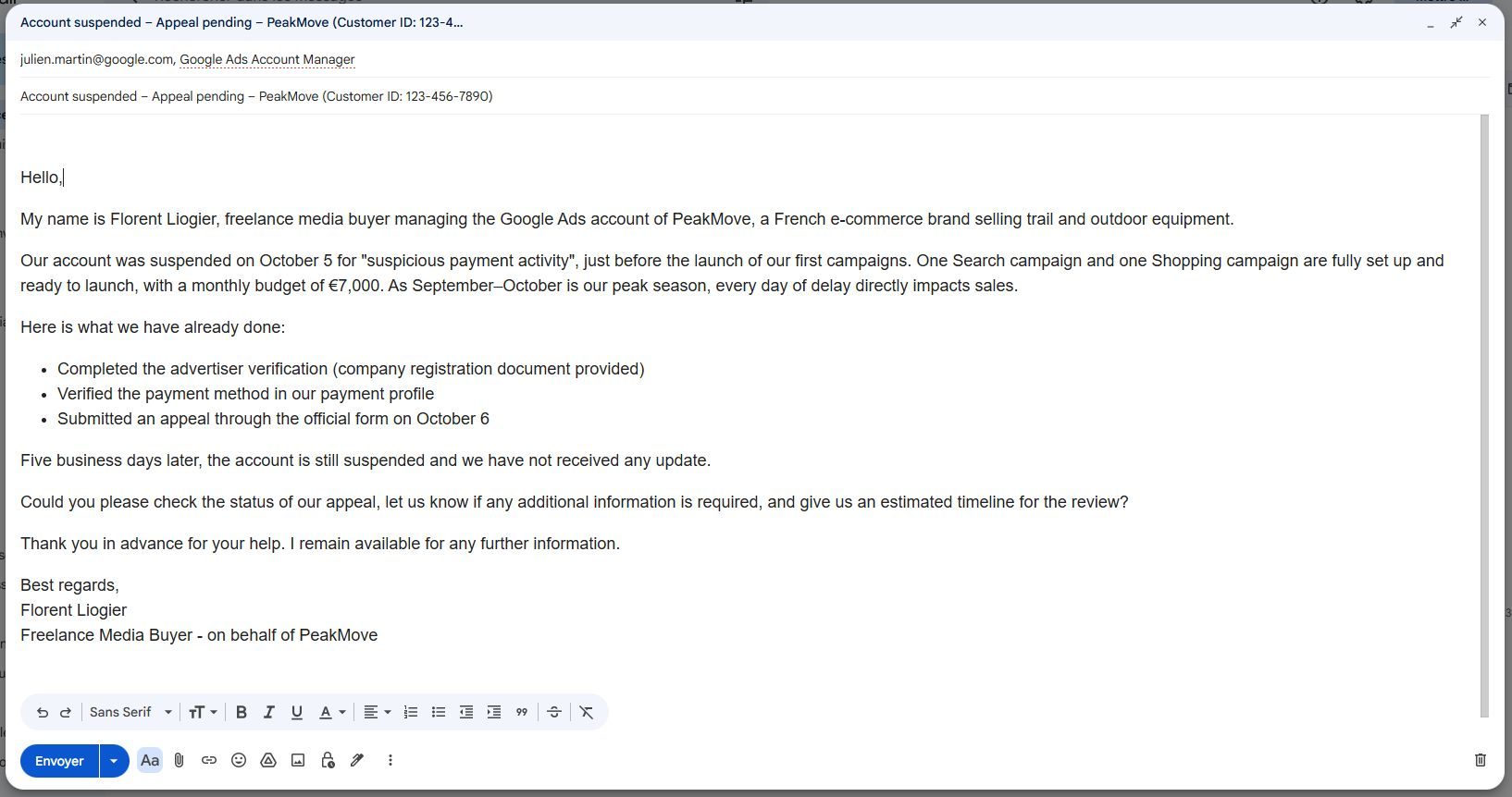 Email en anglais adressé à Google Ads