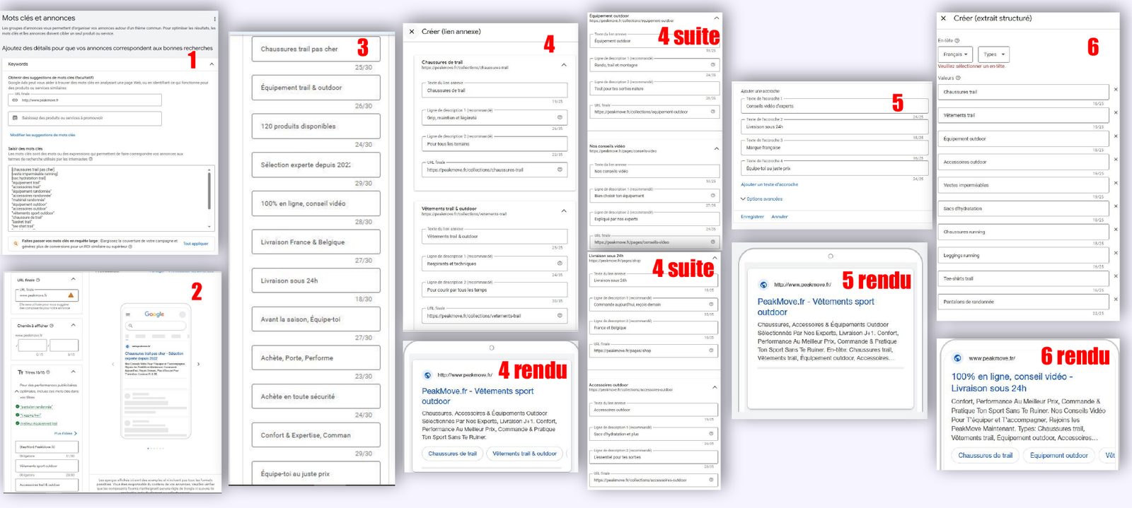 Captures d'un groupe d'annonces Google Ads et des rendus